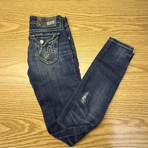 MEK Girl’s Dark Blue Skinny Jeans with Embroidered Pockets